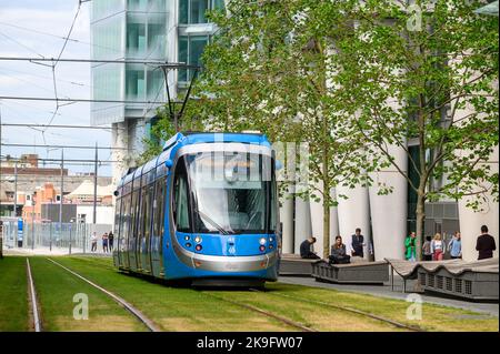 West Midlands Metro tram bound for Edgbaston Village in Birmingham city centre, England. Stock Photo