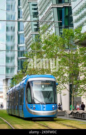 West Midlands Metro tram bound for Edgbaston Village in Birmingham city centre, England. Stock Photo