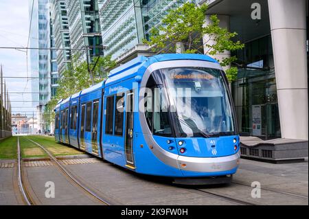 West Midlands Metro tram bound for Edgbaston Village in Birmingham city centre, England. Stock Photo