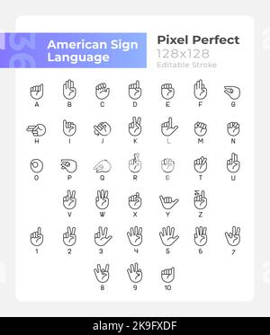 American sign language pixel perfect linear icons set Stock Vector