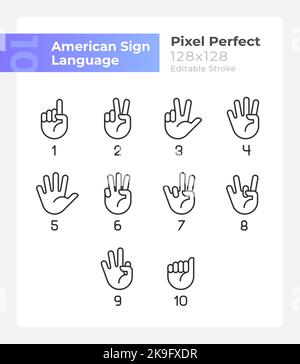 Digits in American sign language pixel perfect linear icons set Stock Vector