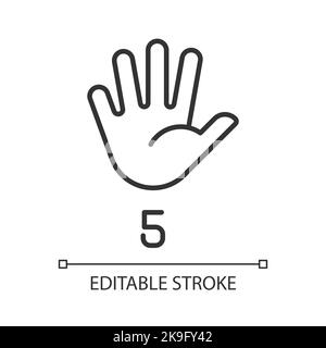 Digit five in American sign language pixel perfect linear icon Stock Vector