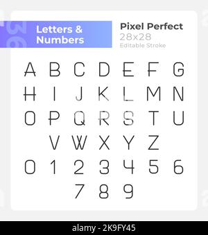 Numbers and letters pixel perfect linear icons set Stock Vector