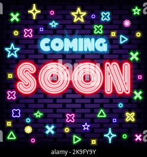 Coming Soon Badge in neon style. On brick wall background. Neon text. Stock Vector