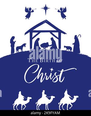 The Birth of Christ, Christmas nativity scene with manger and lettering. Mary, Joseph and baby Jesus in a manger, star of Bethlehem, three Wise men Stock Vector