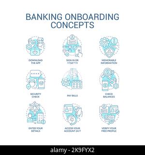 Banking onboarding journey turquoise concept icons set Stock Vector