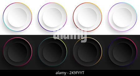 Set of 3D colorful circles border on white and black circles shapes elements background. You can use for button, wallpaper, banner, poster, product ba Stock Vector