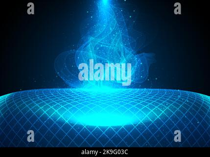 Abstract technology futuristic concept cyberspace blue grid lines and lighting effect with smoke line and dot particles elements on dark background. V Stock Vector