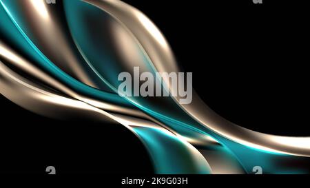 Abstract 3D liquid or fluid golden and green emerald metallic color with lighting effect isolated on black background luxury style. Vector illustratio Stock Vector