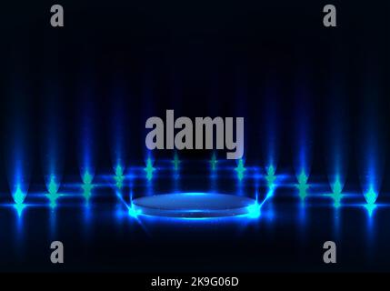 3D realistic pedestal podium with blue lighting illuminate and reflect surface on dark walk way background. Vector illustration Stock Vector