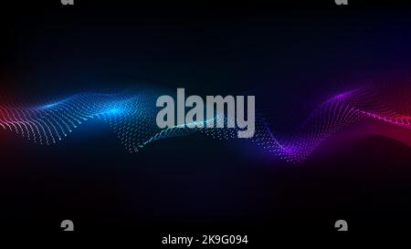 Abstract neon lights dots particles dynamic wave flowing on dark background technology digital futuristic concept. Vector illustration Stock Vector