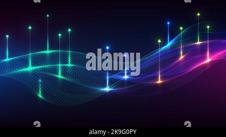 Abstract modern technology digital futuristic concept dynamic mesh blue wave lines with arrows lines and lighting effect on dark background. You can u Stock Vector