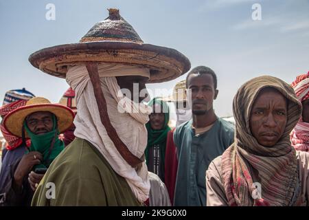 African tribes, Nigeria, Borno State, Maiduguri city. Members of Fulani tribe traditionally dressed in colorful clothing at tribal gathering Stock Photo