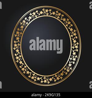 Floral gold border. Oval golden frame with wild flowers and tulips. Round frames vector. Stock Vector