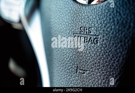 Air Bag sign on a steer wheel in the car Stock Photo