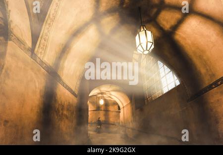 light from the lamp and the shadows in the mysterious corridor Stock Photo