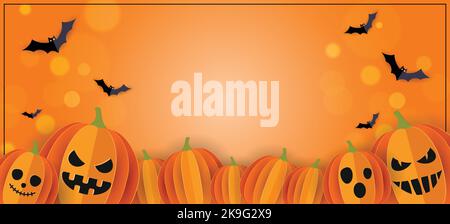 Happy Halloween banner vector. Halloween background with bats and pumpkins in paper cut style. Halloween poster design. Stock Vector