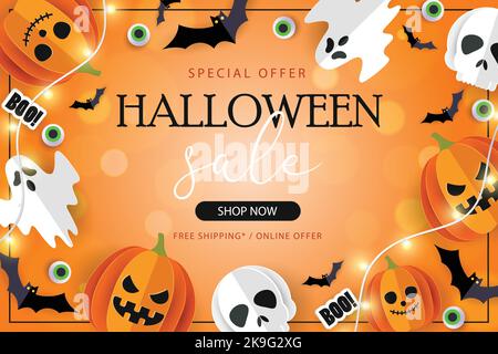 Halloween banner vector. Happy Halloween banner background with Jack o lanterns, bats and candy in paper cut style. Orange background. Stock Vector
