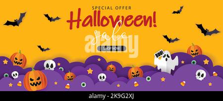 Halloween banner vector. Happy Halloween banner background with clouds, ghost, bats and Jack O lanterns in paper cut style. Orange background. Stock Vector
