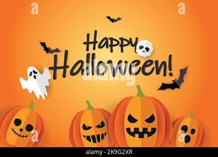 Happy Halloween banner vector. Halloween background with bats and pumpkins in paper cut style. Halloween poster design. Stock Vector