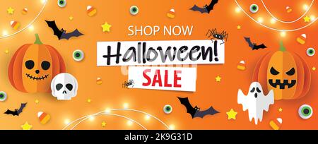 Halloween banner vector. Happy Halloween banner background with Jack o lanterns, bats and candy in paper cut style. Orange background. Stock Vector
