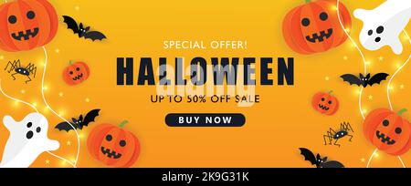 Halloween banner vector. Happy Halloween banner background with Jack o lanterns, bats and candy in paper cut style. Orange background. Stock Vector