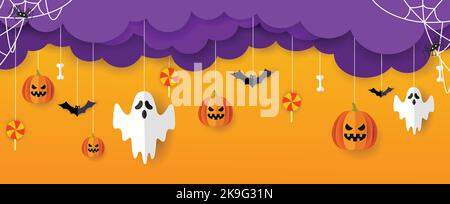 Halloween banner vector. Happy Halloween banner background with clouds, bats, ghost, web and pumpkins in paper cut style. Orange background. Stock Vector