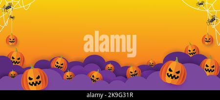 Halloween banner vector. Happy Halloween banner background with clouds, web and pumpkins in paper cut style. Orange background. Stock Vector