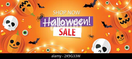 Halloween banner vector. Happy Halloween banner background with Jack o lanterns, bats and candy in paper cut style. Orange background. Stock Vector