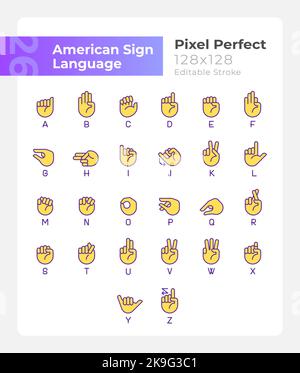 Letters in American sign language pixel perfect RGB color icons set Stock Vector