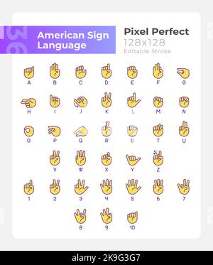 American sign language pixel perfect RGB color icons set Stock Vector