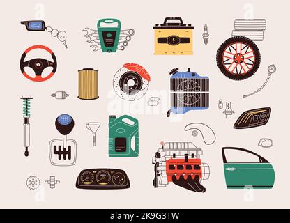 Flat design vector illustration of car parts, spares and accessories. Set includes auto parts such as engine, gearbox, transmission, wheel, battery. Stock Vector
