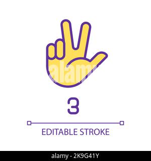 Signing digit three in ASL pixel perfect RGB color icon Stock Vector