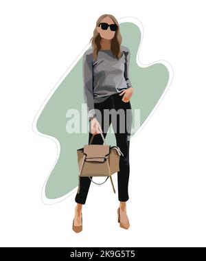 Stylish girl in fashionable clothes, beautiful girl fashionable woman. Vector illustration. Stock Vector