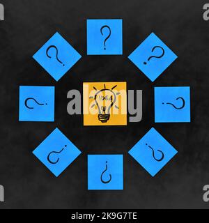 Light bulb surrounded by Question marks drawn on sticky notes. Idea, inspiration and creative thinking concept Stock Photo