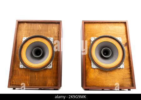 Two vintage speakers with full range drivers isolated on white background. Stock Photo