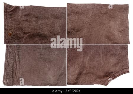 Collection of brown leather textures isolated on white background. Rough uneven edges. Rectangular composite image of leather textures Stock Photo