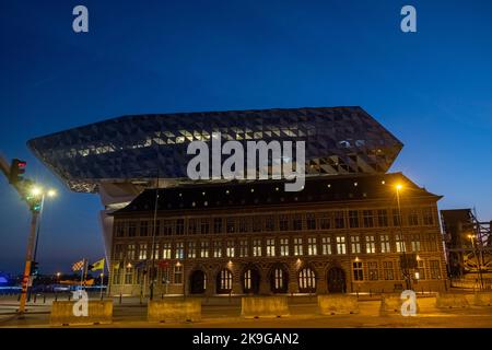 ANTWERP, BELGIUM, 04 20 2022, The modern architectural landmark building as the harbour house of the Antwerp-Bruges port in the city centre of Antwerp, as designed by famous architect Zaha Hadid. High quality photo Stock Photo