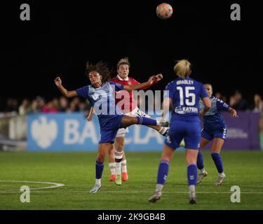 MOLLIE LAMBERT of Durham Women challenges for a header with Manchester United's HAYLEY LADD during the FA Women's League Cup match between Durham Women FC and Manchester United at Maiden Castle, Durham City on Wednesday 26th October 2022. (Credit: Mark Fletcher | MI News) Credit: MI News & Sport /Alamy Live News Stock Photo