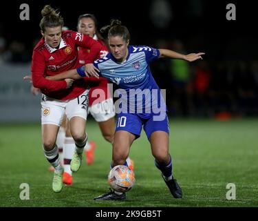 RIO HARDY of Durham Women battles with HAYLEY LADD of Manchester United during the FA Women's League Cup match between Durham Women FC and Manchester United at Maiden Castle, Durham City on Wednesday 26th October 2022. (Credit: Mark Fletcher | MI News) Credit: MI News & Sport /Alamy Live News Stock Photo