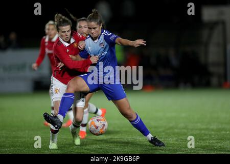 RIO HARDY of Durham Women battles with HAYLEY LADD of Manchester United during the FA Women's League Cup match between Durham Women FC and Manchester United at Maiden Castle, Durham City on Wednesday 26th October 2022. (Credit: Mark Fletcher | MI News) Credit: MI News & Sport /Alamy Live News Stock Photo