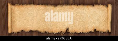 Old scroll on a wooden table, crumpled paper texture as background Stock Photo