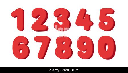 Red rounded numbers typo set, isolated 3d letters 0 to 9 Stock Vector