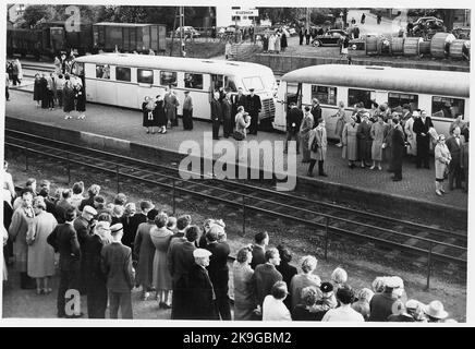 Billesholm station from Last Train's arrival at Billesholm and the last train departure from Billesholm on May 29, 1960. The name was 1943 Billesholm's mine. The station built in 1875 by Lion, Landskrona - Engelholm's railways. The station built in 1876. One -story station house in stone. SJ Y01 419 Stock Photo