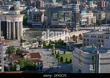 An elevated landscape view of the city of Skopje, capital of North Macedonia. A mixture of architectural styles, Arabic, Neo-Classical, modern. Stock Photo