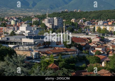 An elevated landscape view of the city of Skopje, capital of North Macedonia. A mixture of architectural styles, Arabic, Neo-Classical, modern. Stock Photo