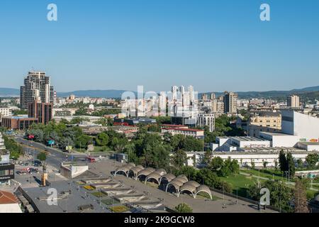 An elevated landscape view of the city of Skopje, capital of North Macedonia. A mixture of architectural styles, Arabic, Neo-Classical, modern. Stock Photo