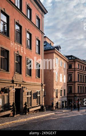 Stockholm, Sweden - Sept 2022: Traditional architecture of  old houses and a hotel facade near Storkyrkan in Gamla Stan Stock Photo