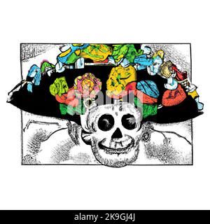 Color with bright Mexican fiesta. Pirate Skull with a fedora, wide brim hat, covered in bright flowers. Fiesta mode drawing. Halloween pirate Stock Vector
