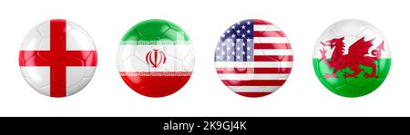 World Cup 2022 Qatar GROUP B teams ball flags. isolated on white background. 3d illustration . Stock Photo